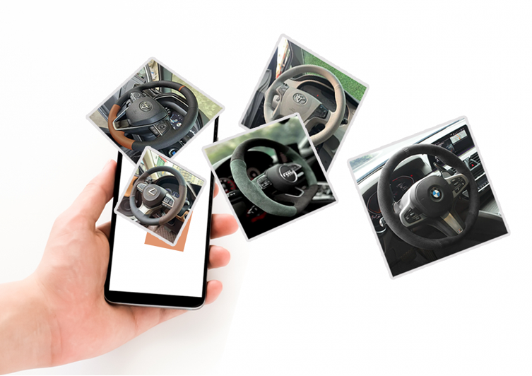 スマホの画面から様々なカスタムされたステアリングの写真が溢れ出すイメージ